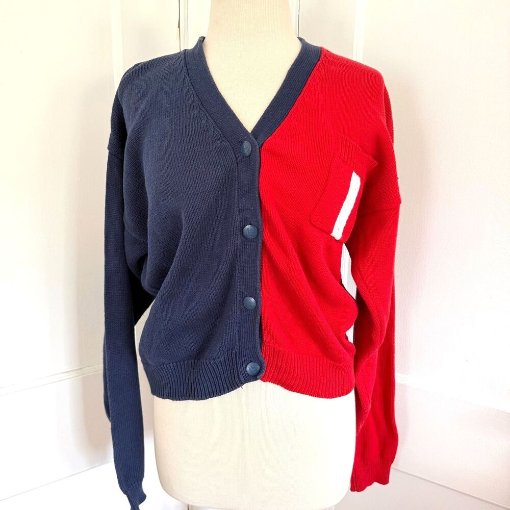 Vintage Golf Knit Cardigan Sweater Red Navy Colorblock 100% Cotton Preppy